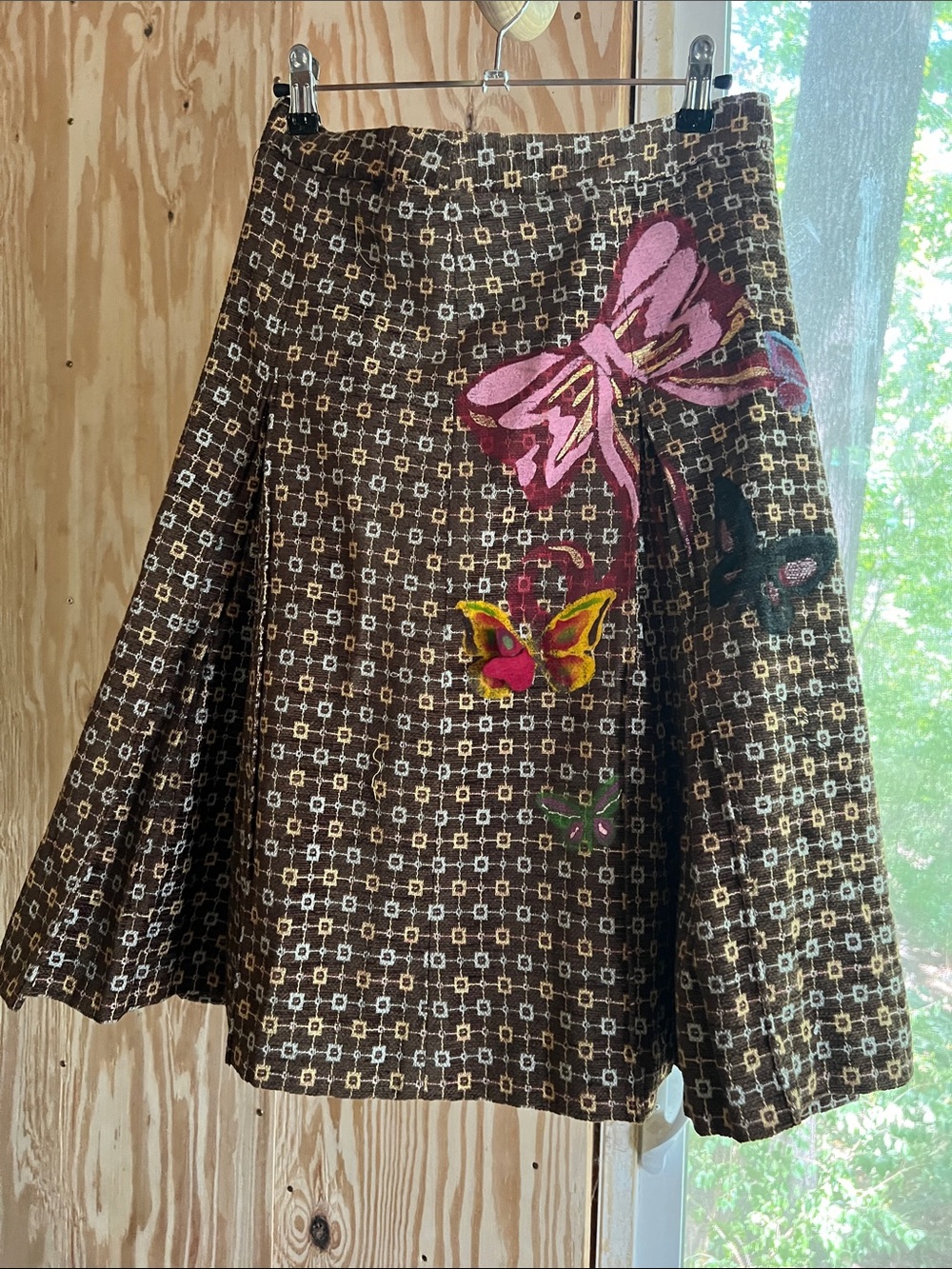 Brown A-Line Skirt with Pink & Yellow Embroidered Accents